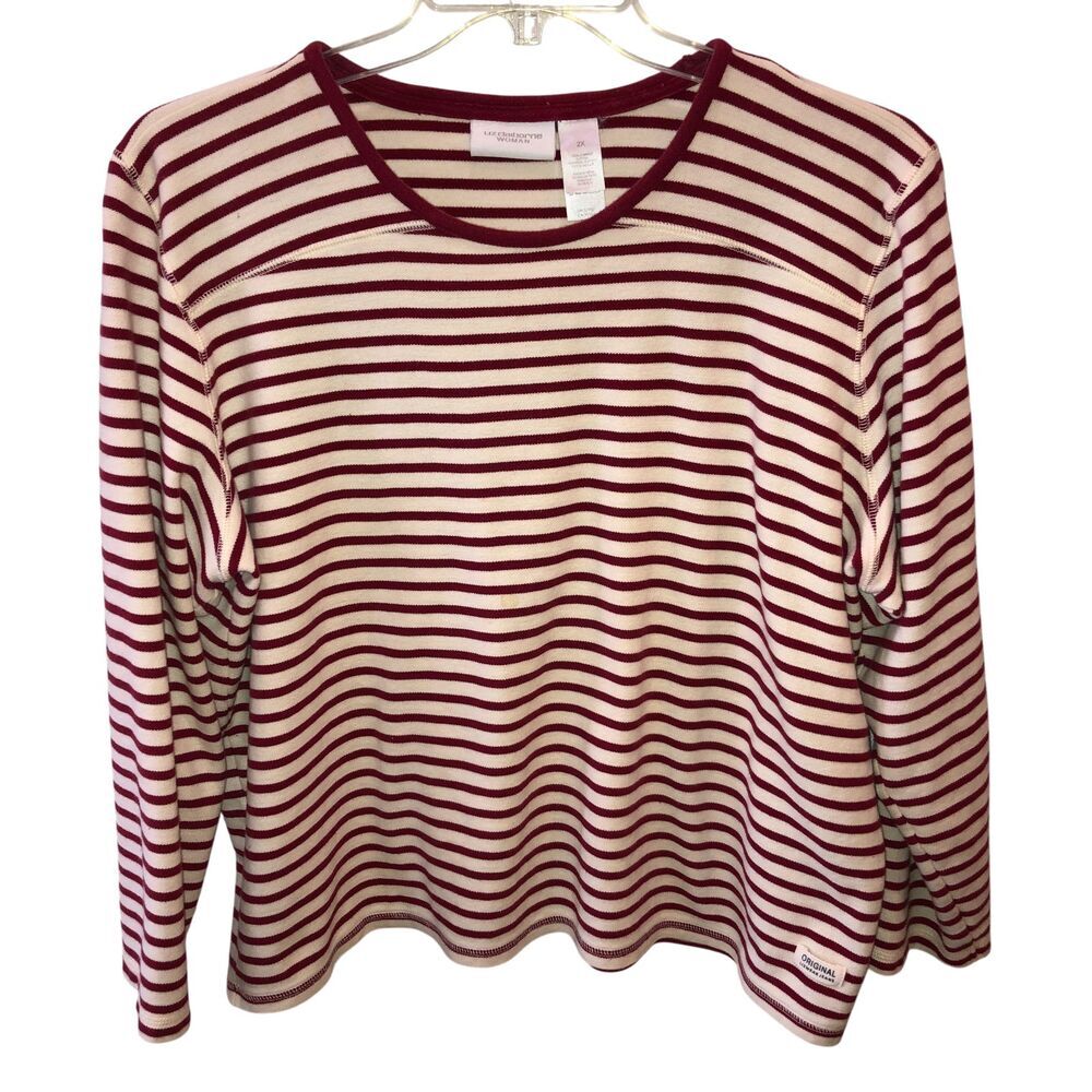 Liz Claiborne Womens Size 2X Red Striped Long Sleeve T Shirt Casual Pullover Top